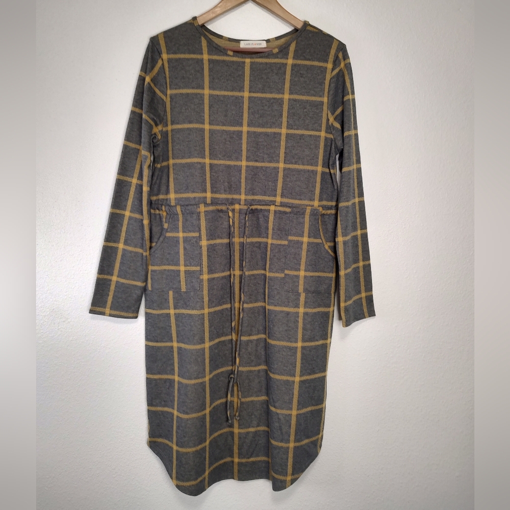 Lake Flower Grey Yellow Windowpane Drawstring Waist Long Sleeve Midi Dress Large